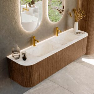 MONDIAZ KURVE-DLUX 170cm badmeubel ronding Links + Rechts kleur Walnut met 1 lade en 2 deuren. Wastafel LEAF Dubbel 2 kraangaten Frappe.