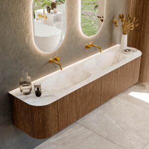 MONDIAZ KURVE-DLUX 190cm badmeubel ronding Links + Rechts kleur Walnut met 2 lades en 2 deuren. Wastafel STOR SMALL Dubbel zonder kraangat Frappe.