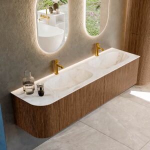 MONDIAZ KURVE-DLUX 175cm badmeubel ronding Links kleur Walnut met 2 lades en 1 deur. Wastafel STOR SMALL Dubbel / Rechts 2 kraangaten Frappe.