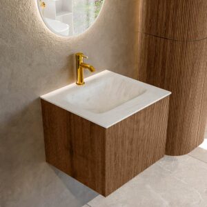 MONDIAZ KURVE-DLUX 50cm badmeubel kleur Walnut met 1 lade en 0 deuren. Wastafel GRUNNE Midden 1 kraangat Opalo.