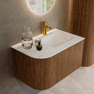 MONDIAZ KURVE-DLUX 75cm badmeubel ronding Links kleur Walnut met 1 lade en 1 deur. Wastafel GRUNNE Rechts 1 kraangat Opalo.