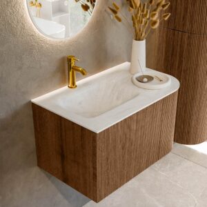MONDIAZ KURVE-DLUX 75cm badmeubel ronding Rechts kleur Walnut met 1 lade en 1 deur. Wastafel GRUNNE Links 1 kraangat Opalo.