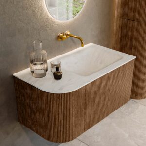MONDIAZ KURVE-DLUX 85cm badmeubel ronding Links kleur Walnut met 1 lade en 1 deur. Wastafel CLOUD Rechts zonder kraangat Opalo.