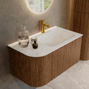 MONDIAZ KURVE-DLUX 85cm badmeubel ronding Links kleur Walnut met 1 lade en 1 deur. Wastafel CLOUD Rechts 1 kraangat Opalo.