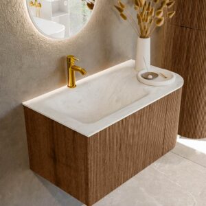 MONDIAZ KURVE-DLUX 85cm badmeubel ronding Rechts kleur Walnut met 1 lade en 1 deur. Wastafel CLOUD Links 1 kraangat Opalo.