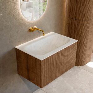 MONDIAZ KURVE-DLUX 70cm badmeubel kleur Walnut met 1 lade en 0 deuren. Wastafel BIG SMALL Midden zonder kraangat Opalo.