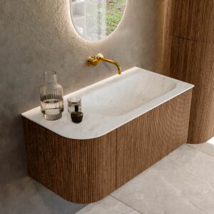 MONDIAZ KURVE-DLUX 95cm badmeubel ronding Links kleur Walnut met 1 lade en 1 deur. Wastafel BIG SMALL Rechts zonder kraangat Opalo.