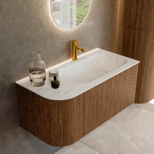 MONDIAZ KURVE-DLUX 95cm badmeubel ronding Links kleur Walnut met 1 lade en 1 deur. Wastafel BIG SMALL Rechts 1 kraangat Opalo.