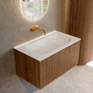 MONDIAZ KURVE-DLUX 80cm badmeubel kleur Walnut met 1 lade en 0 deuren. Wastafel BIG SMALL Midden zonder kraangat Opalo.