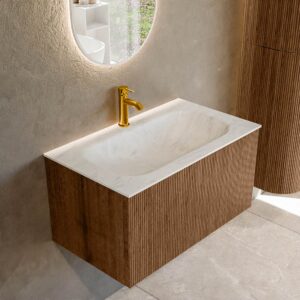 MONDIAZ KURVE-DLUX 80cm badmeubel kleur Walnut met 1 lade en 0 deuren. Wastafel BIG SMALL Midden 1 kraangat Opalo.