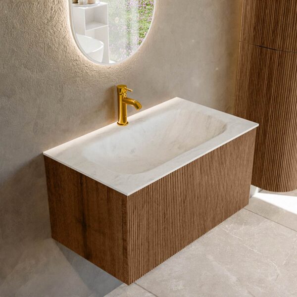 MONDIAZ KURVE-DLUX 80cm badmeubel kleur Walnut met 1 lade en 0 deuren. Wastafel BIG SMALL Midden 1 kraangat Opalo.