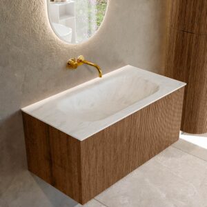 MONDIAZ KURVE-DLUX 90cm badmeubel kleur Walnut met 1 lade en 0 deuren. Wastafel BIG SMALL Midden zonder kraangat Opalo.