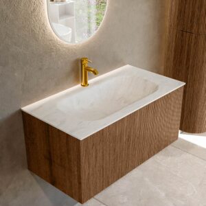 MONDIAZ KURVE-DLUX 90cm badmeubel kleur Walnut met 1 lade en 0 deuren. Wastafel BIG SMALL Midden 1 kraangat Opalo.
