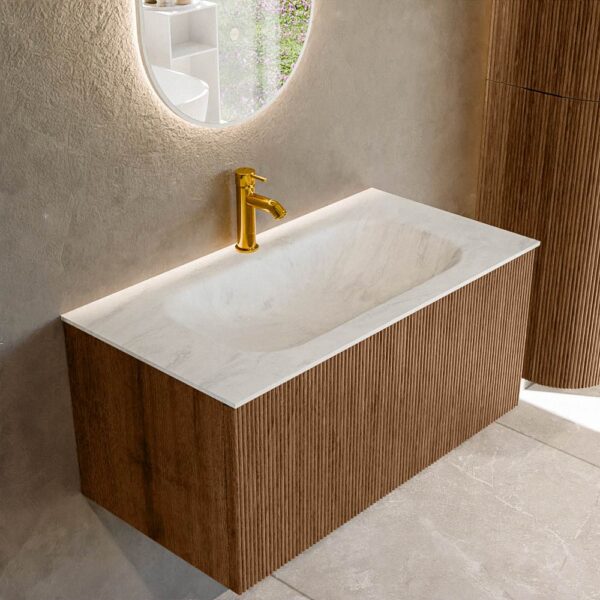 MONDIAZ KURVE-DLUX 90cm badmeubel kleur Walnut met 1 lade en 0 deuren. Wastafel BIG SMALL Midden 1 kraangat Opalo.