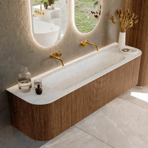 MONDIAZ KURVE-DLUX 170cm badmeubel ronding Links + Rechts kleur Walnut met 1 lade en 2 deuren. Wastafel BIG LARGE Midden zonder kraangat Opalo.