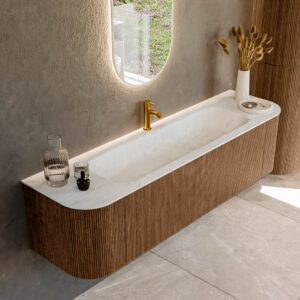MONDIAZ KURVE-DLUX 170cm badmeubel ronding Links + Rechts kleur Walnut met 1 lade en 2 deuren. Wastafel BIG LARGE Midden 1 kraangat Opalo.