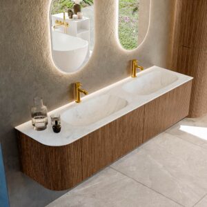 MONDIAZ KURVE-DLUX 175cm badmeubel ronding Links kleur Walnut met 2 lades en 1 deur. Wastafel STOR SMALL Dubbel / Rechts 2 kraangaten Opalo.