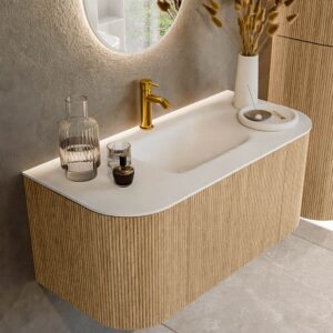 MONDIAZ KURVE 100cm badmeubel ronding Links + Rechts kleur Oak met 1 lade en 2 deuren. Wastafel GRUNNE Midden 1 kraangat Talc.