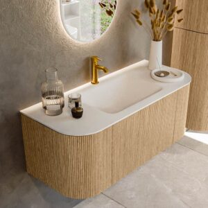MONDIAZ KURVE 110cm badmeubel ronding Links + Rechts kleur Oak met 1 lade en 2 deuren. Wastafel CLOUD Midden 1 kraangat Talc.