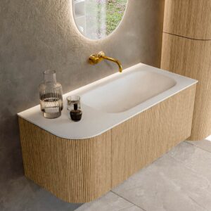 MONDIAZ KURVE 105cm badmeubel ronding Links kleur Oak met 1 lade en 1 deur. Wastafel BIG SMALL Rechts zonder kraangat Talc.