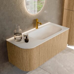 MONDIAZ KURVE 105cm badmeubel ronding Links kleur Oak met 1 lade en 1 deur. Wastafel BIG SMALL Rechts 1 kraangat Talc.