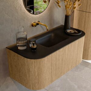MONDIAZ KURVE 100cm badmeubel ronding Links + Rechts kleur Oak met 1 lade en 2 deuren. Wastafel GRUNNE Midden zonder kraangat Urban.