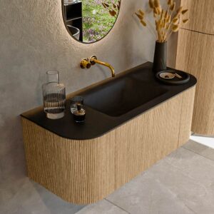 MONDIAZ KURVE 110cm badmeubel ronding Links + Rechts kleur Oak met 1 lade en 2 deuren. Wastafel CLOUD Midden zonder kraangat Urban.