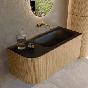 MONDIAZ KURVE 105cm badmeubel ronding Links kleur Oak met 1 lade en 1 deur. Wastafel BIG SMALL Rechts zonder kraangat Urban.