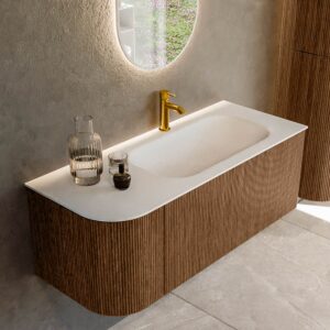 MONDIAZ KURVE 115cm badmeubel ronding Links kleur Walnut met 1 lade en 1 deur. Wastafel BIG SMALL Rechts 1 kraangat Talc.