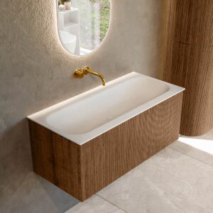 MONDIAZ KURVE 100cm badmeubel kleur Walnut met 1 lade en 0 deuren. Wastafel BIG MEDIUM Midden zonder kraangat Talc.