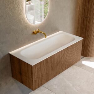 MONDIAZ KURVE 110cm badmeubel kleur Walnut met 1 lade en 0 deuren. Wastafel BIG MEDIUM Midden zonder kraangat Talc.