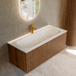 MONDIAZ KURVE 110cm badmeubel kleur Walnut met 1 lade en 0 deuren. Wastafel BIG MEDIUM Midden 1 kraangat Talc.
