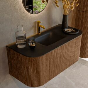 MONDIAZ KURVE 100cm badmeubel ronding Links + Rechts kleur Walnut met 1 lade en 2 deuren. Wastafel GRUNNE Midden 1 kraangat Urban.