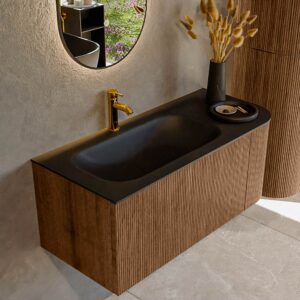 MONDIAZ KURVE 105cm badmeubel ronding Rechts kleur Walnut met 1 lade en 1 deur. Wastafel BIG SMALL Links 1 kraangat Urban.