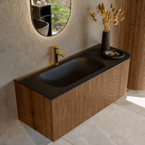 MONDIAZ KURVE 115cm badmeubel ronding Rechts kleur Walnut met 1 lade en 1 deur. Wastafel BIG SMALL Links 1 kraangat Urban.
