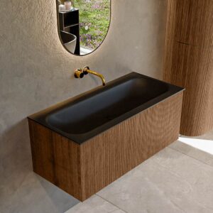 MONDIAZ KURVE 100cm badmeubel kleur Walnut met 1 lade en 0 deuren. Wastafel BIG MEDIUM Midden zonder kraangat Urban.
