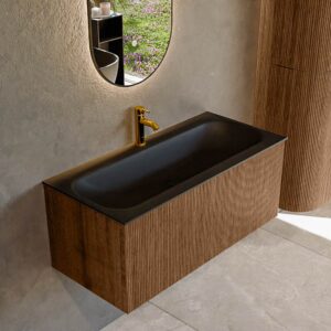 MONDIAZ KURVE 100cm badmeubel kleur Walnut met 1 lade en 0 deuren. Wastafel BIG MEDIUM Midden 1 kraangat Urban.