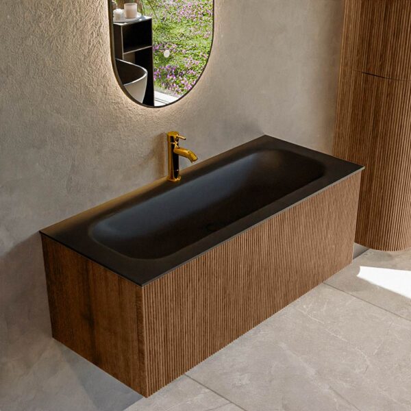 MONDIAZ KURVE 110cm badmeubel kleur Walnut met 1 lade en 0 deuren. Wastafel BIG MEDIUM Midden 1 kraangat Urban.