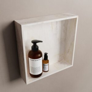 MONDIAZ EASY Nis 29,5x29,5cm in solid surface kleur Ostra. 1 vak geschikt voor in- of opbouw