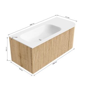 MONDIAZ KURVE 105cm badmeubel ronding Rechts kleur Oak met 1 lade en 1 deur. Wastafel BIG SMALL Links 1 kraangat Urban.