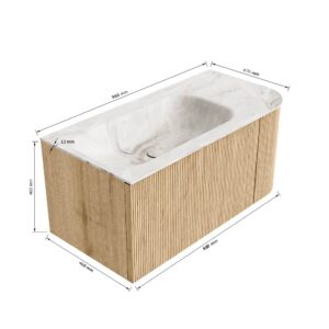 MONDIAZ KURVE-DLUX 95cm badmeubel ronding Rechts kleur Oak met 1 lade en 1 deur. Wastafel BIG SMALL Links zonder kraangat Frappe.
