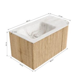 MONDIAZ KURVE-DLUX 85cm badmeubel ronding Rechts kleur Oak met 1 lade en 1 deur. Wastafel CLOUD Links 1 kraangat Frappe.