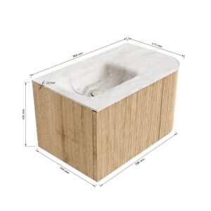 MONDIAZ KURVE-DLUX 75cm badmeubel ronding Rechts kleur Oak met 1 lade en 1 deur. Wastafel GRUNNE Links 1 kraangat Frappe.