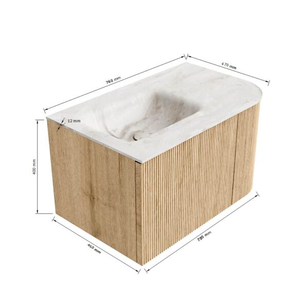 MONDIAZ KURVE-DLUX 75cm badmeubel ronding Rechts kleur Walnut met 1 lade en 1 deur. Wastafel GRUNNE Links 1 kraangat Frappe.