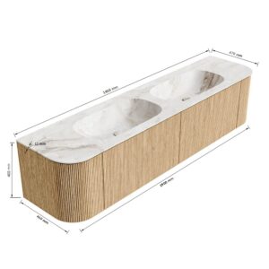 MONDIAZ KURVE-DLUX 190cm badmeubel ronding Links + Rechts kleur Walnut met 2 lades en 2 deuren. Wastafel STOR SMALL Dubbel 2 kraangaten Frappe.