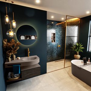 MONDIAZ RIVA 100cm badmeubel onderkast / planchet kleur Dark_Brown met 1 lade. Wastafel DULCET rechts 1 kraangat kleur Smoke.