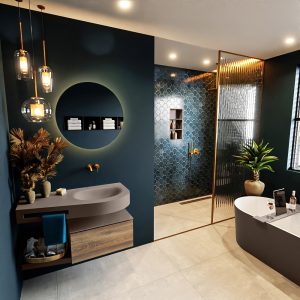 MONDIAZ RIVA 100cm badmeubel onderkast / planchet kleur Dark_Brown_Grey met 1 lade. Wastafel DULCET rechts 0 kraangaten kleur Smoke.