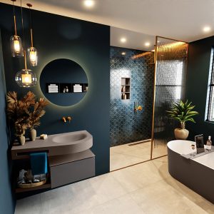 MONDIAZ RIVA 100cm badmeubel onderkast / planchet kleur Dark_Grey met 1 lade. Wastafel DULCET rechts 0 kraangaten kleur Smoke.