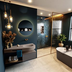 MONDIAZ RIVA 120cm badmeubel onderkast / planchet kleur Dark_Grey met 1 lade. Wastafel DULCET rechts 0 kraangaten kleur Smoke.