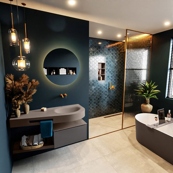 MONDIAZ RIVA 120cm badmeubel onderkast / planchet kleur Dark_Grey met 1 lade. Wastafel DULCET rechts 0 kraangaten kleur Smoke.